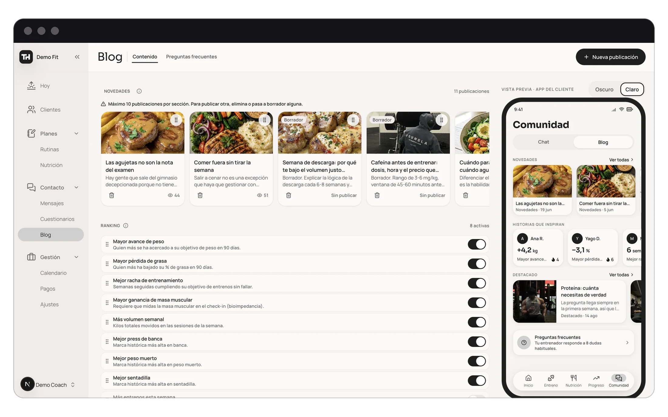 Blog y rankings del panel web, con la vista previa de cómo lo ve el cliente en la app