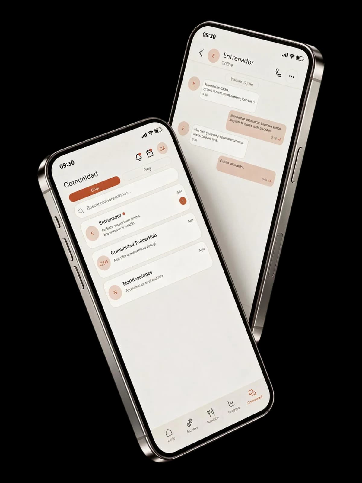 Pantalla de comunidad y chat de la app OnMoven