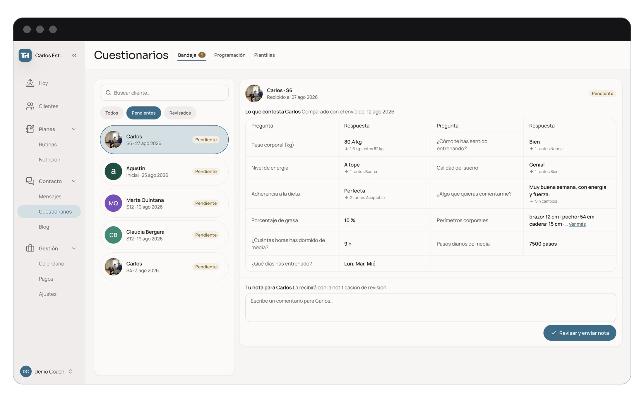 Bandeja de cuestionarios del panel web, con las respuestas comparadas con el check-in anterior