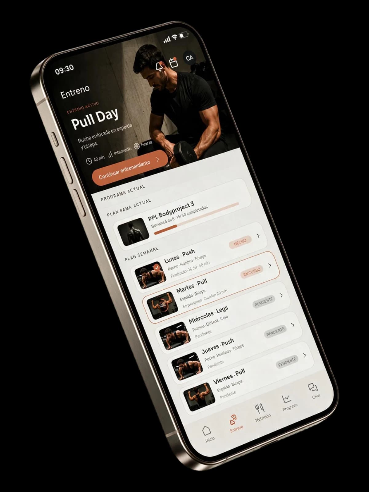 Pantalla de entrenamiento de la app, con la sesión guiada ejercicio a ejercicio