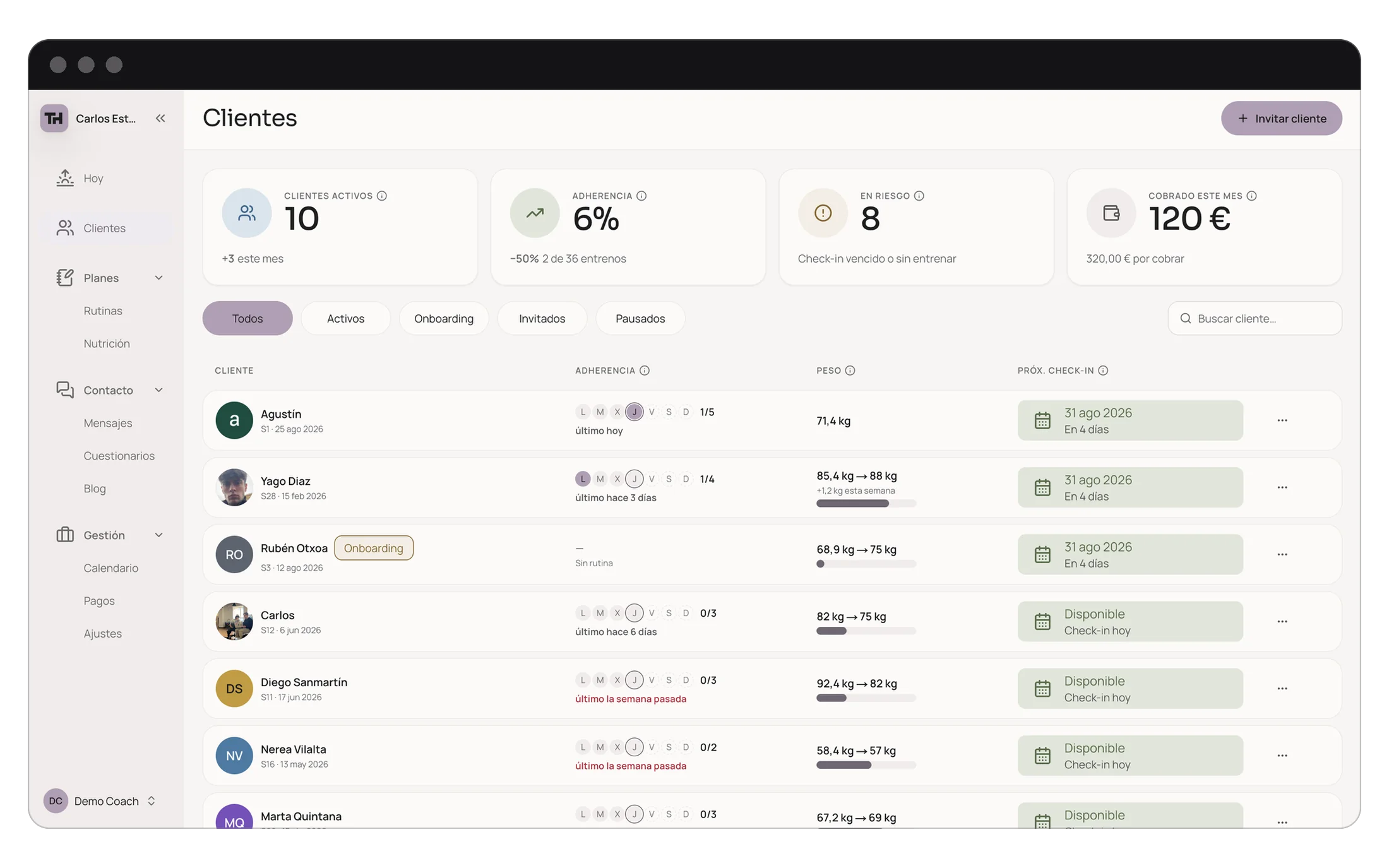 Panel web de OnMoven: el estado del día de toda la cartera de clientes
