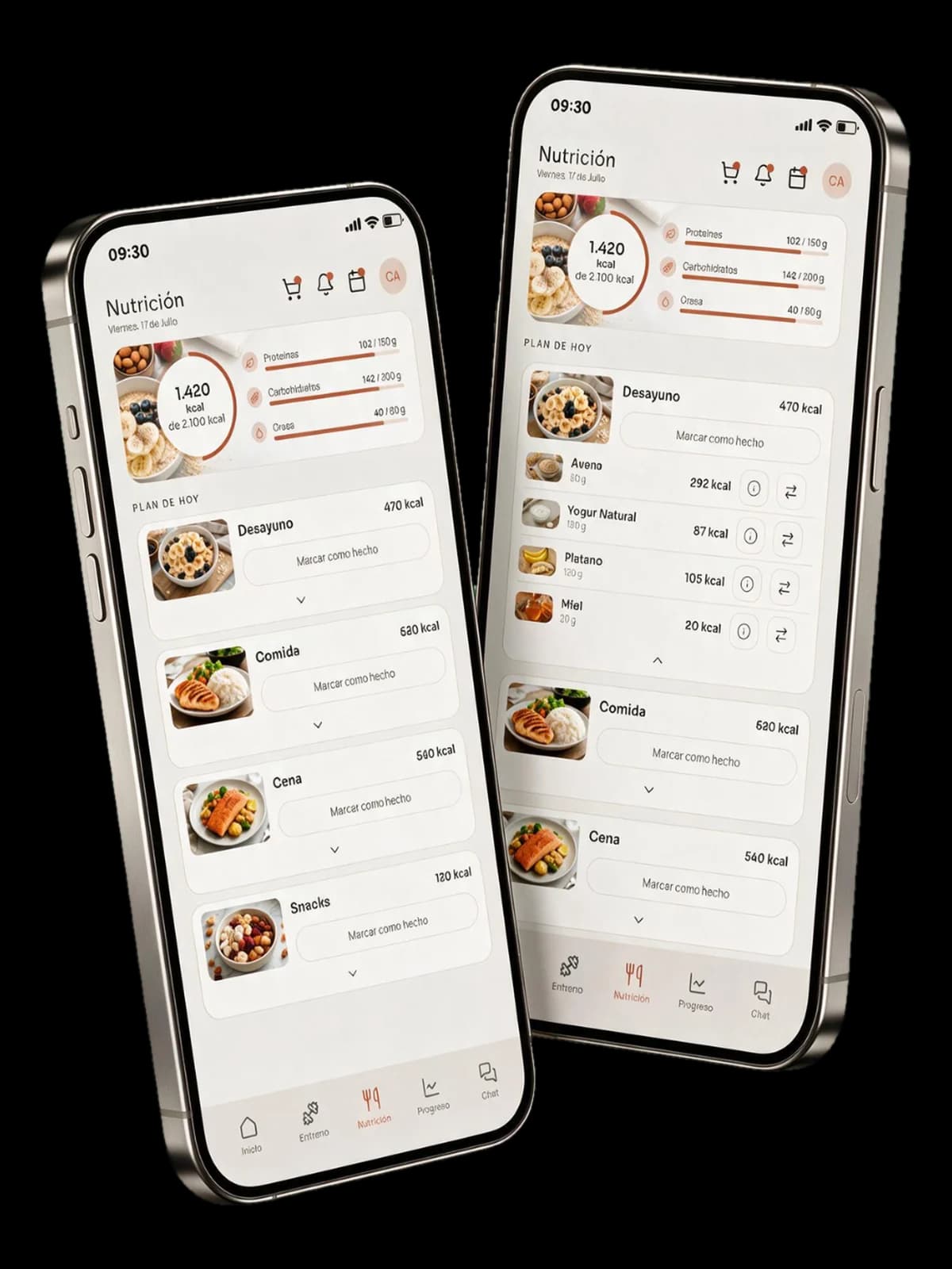Pantalla de nutrición de la app, con el plan del día y las macros