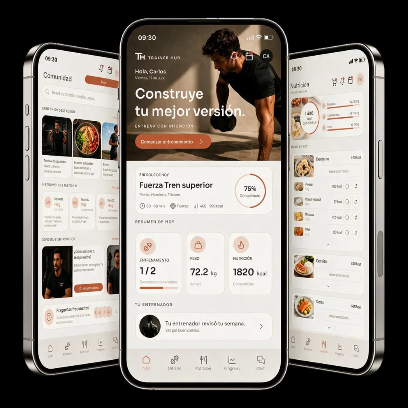 Tres pantallas de la app OnMoven: comunidad, inicio y nutrición