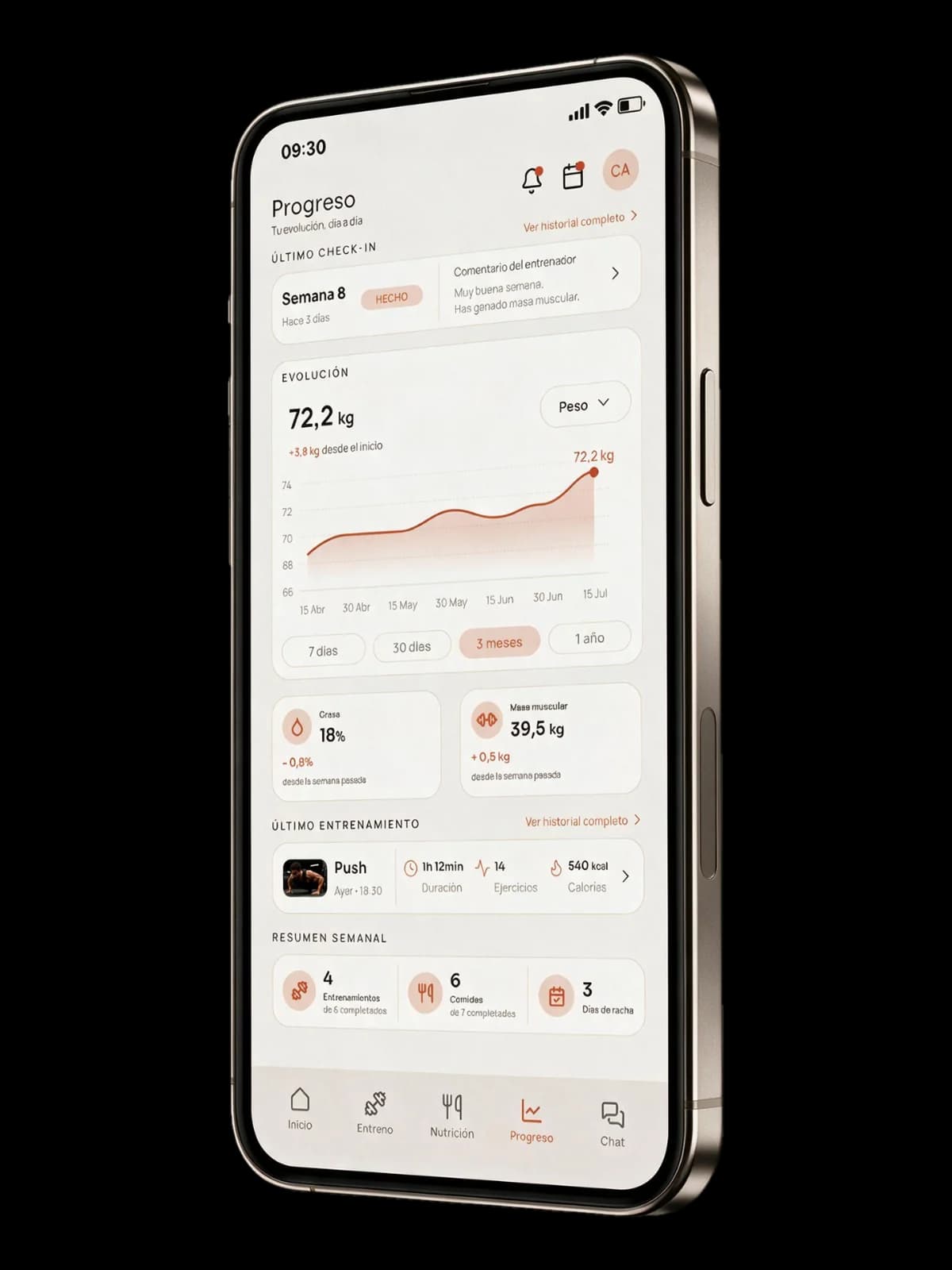 Pantalla de progreso de la app, con la gráfica de evolución del peso