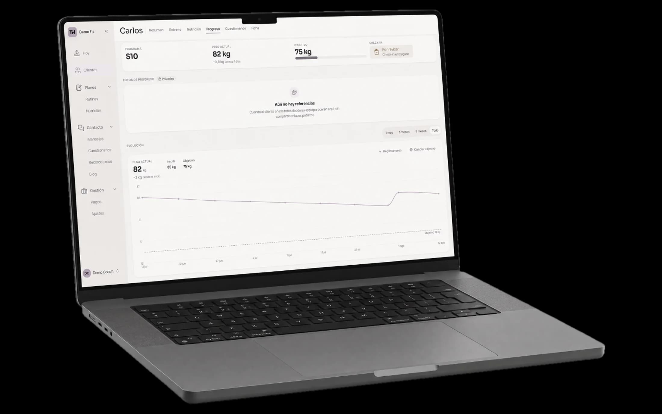 Progreso del cliente en el panel web, con la gráfica de evolución